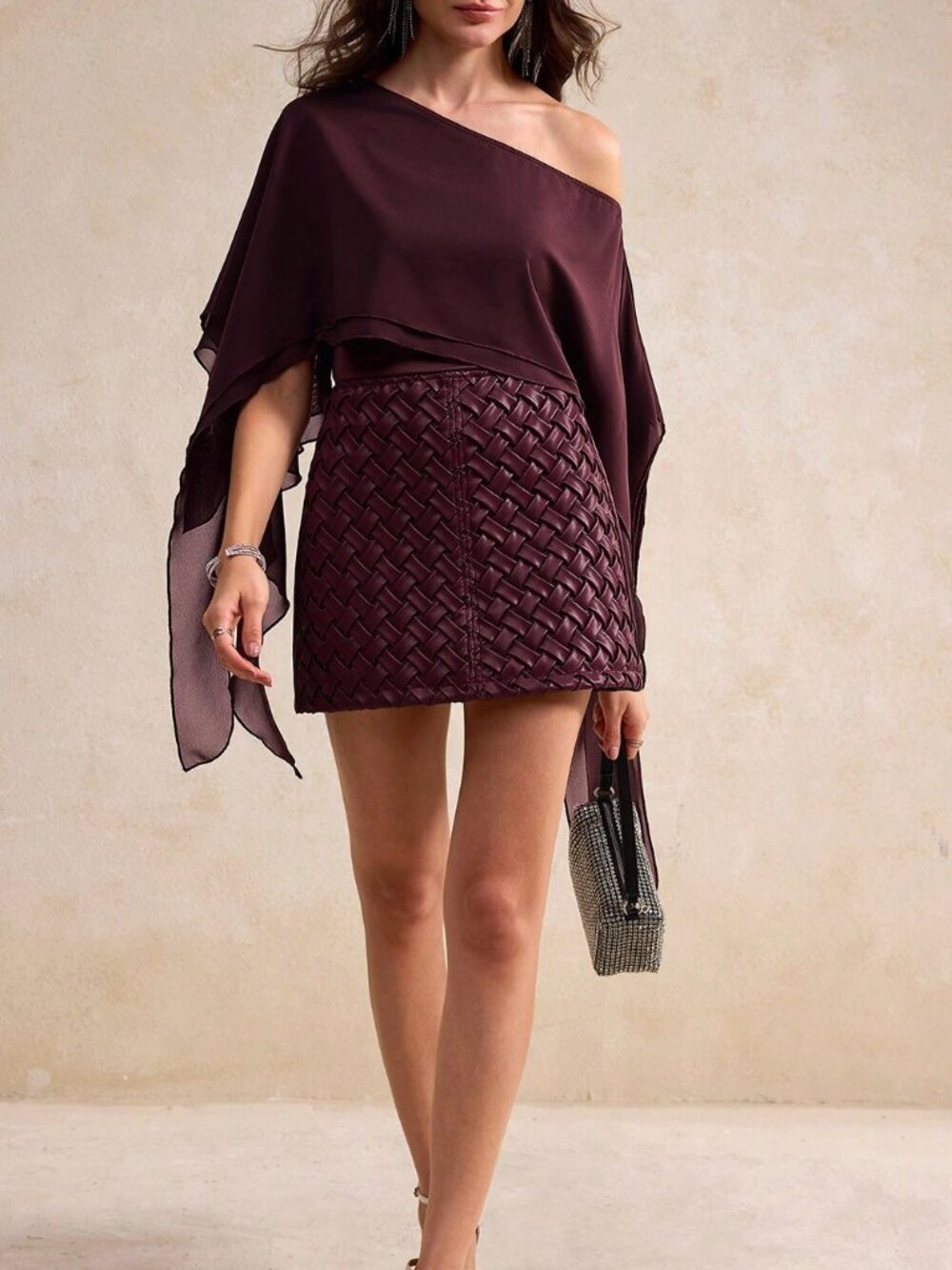 Burgundy Elegant Women's Woven Textured Bodycon Mini Skirt